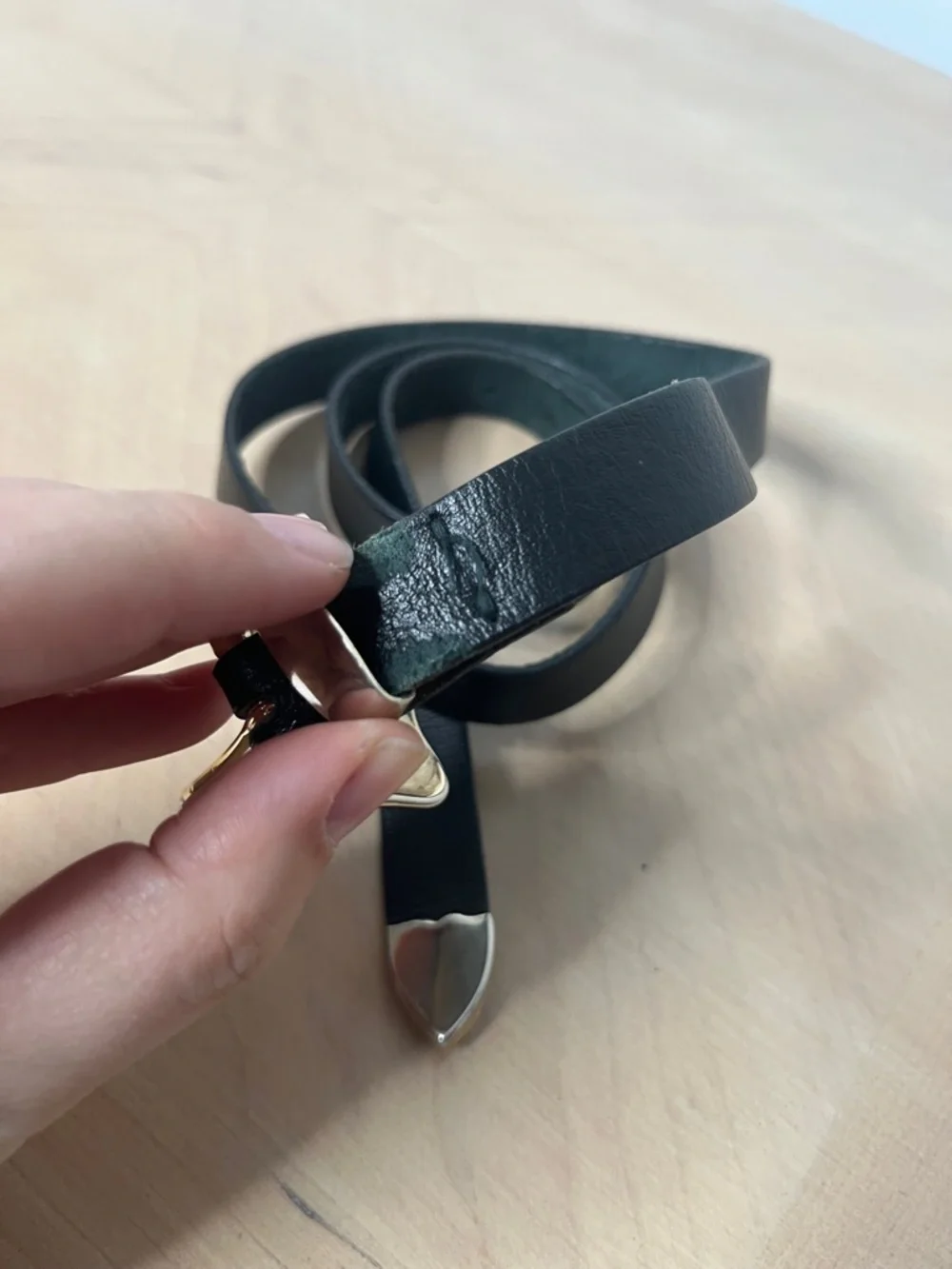 Thin Black Leather Belt with Silver Tone Hardware Distinctive Buckle and tip M
